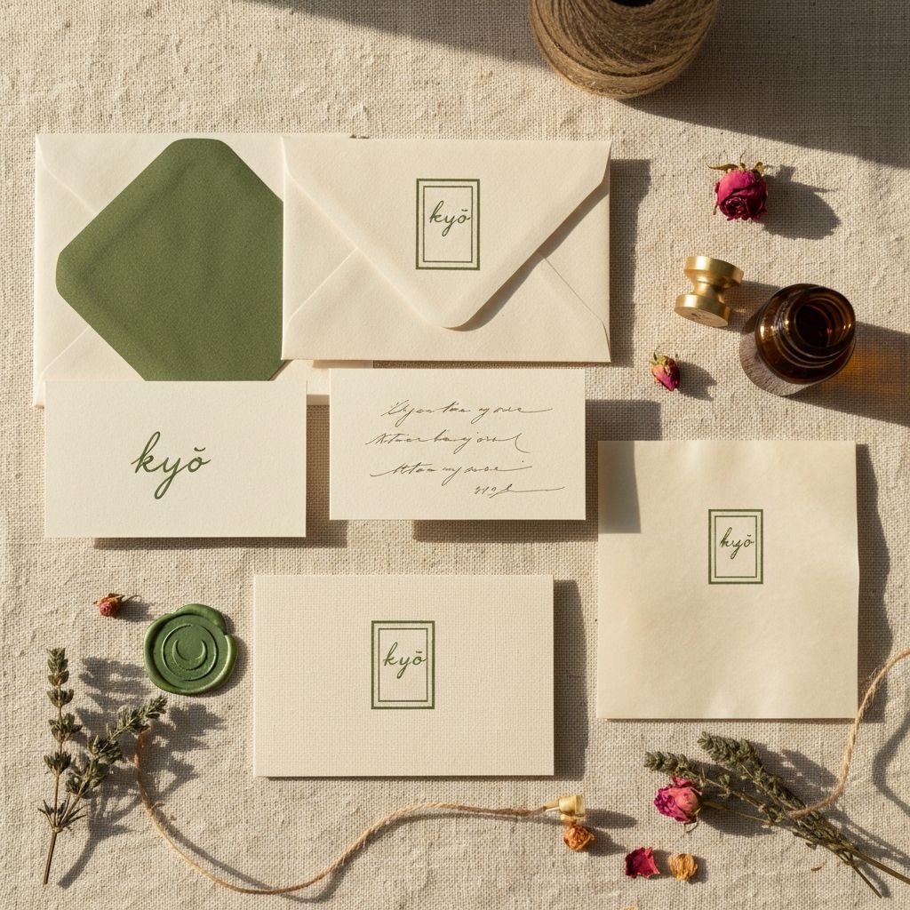 kyō brand stationery flat-lay: cream business cards with olive logo, wax seal, dried herbs, amber bottle on linen