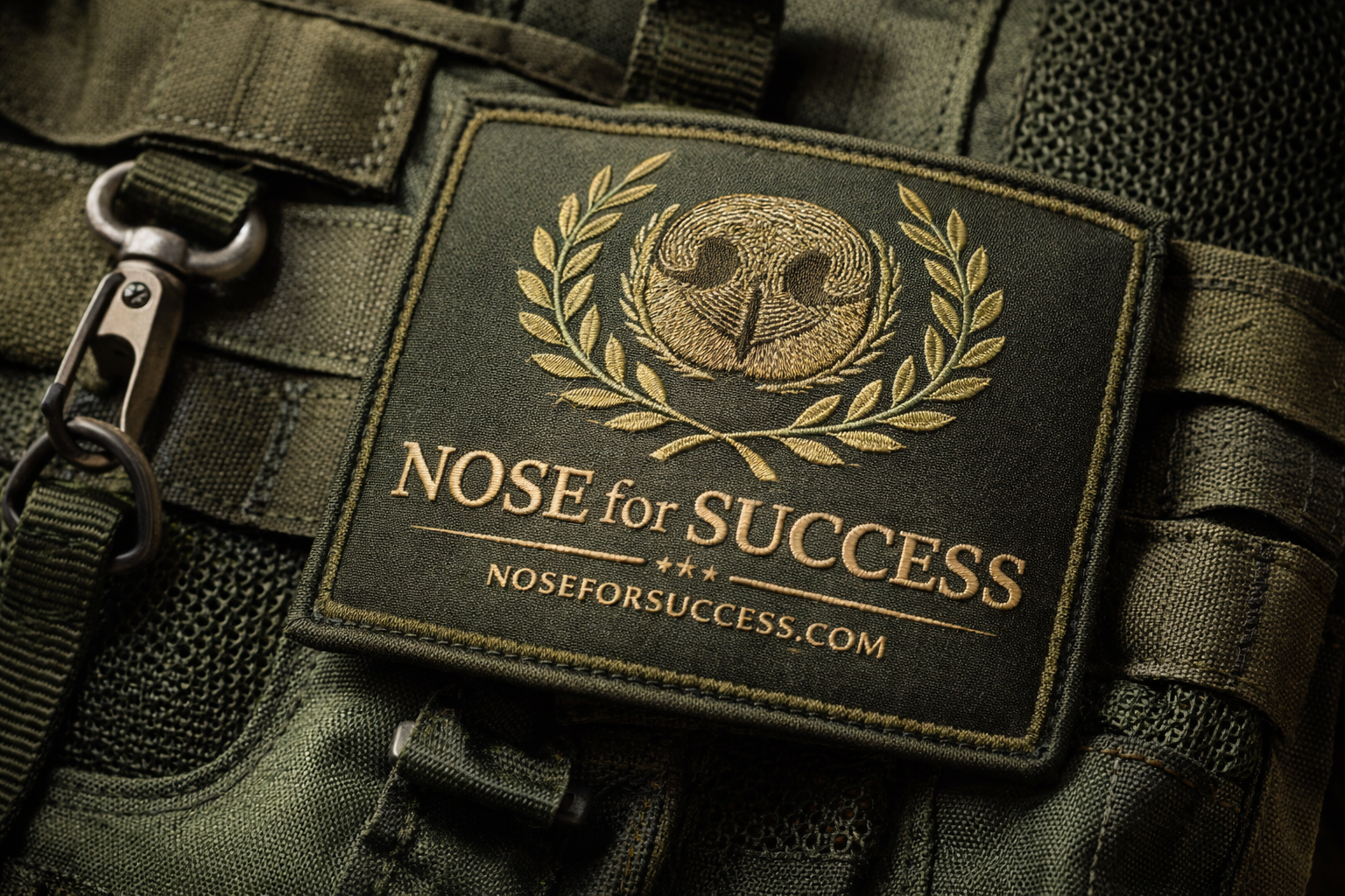 Nose for Success embroidered morale patch with gold laurel wreath and dog nose on tactical gear